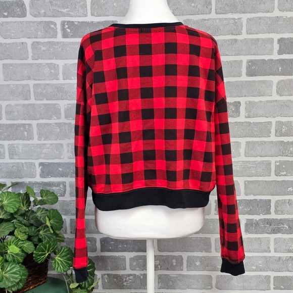 Fifth Sun Women's Cropped Buffalo Plaid‎ MERRY Sweatshirt Holiday Women's Large - Picture 5 of 9